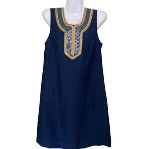 Navy Linen Blend  Dress Sz 8  Sequin Embellishments  Merona Beach Vacation Resor